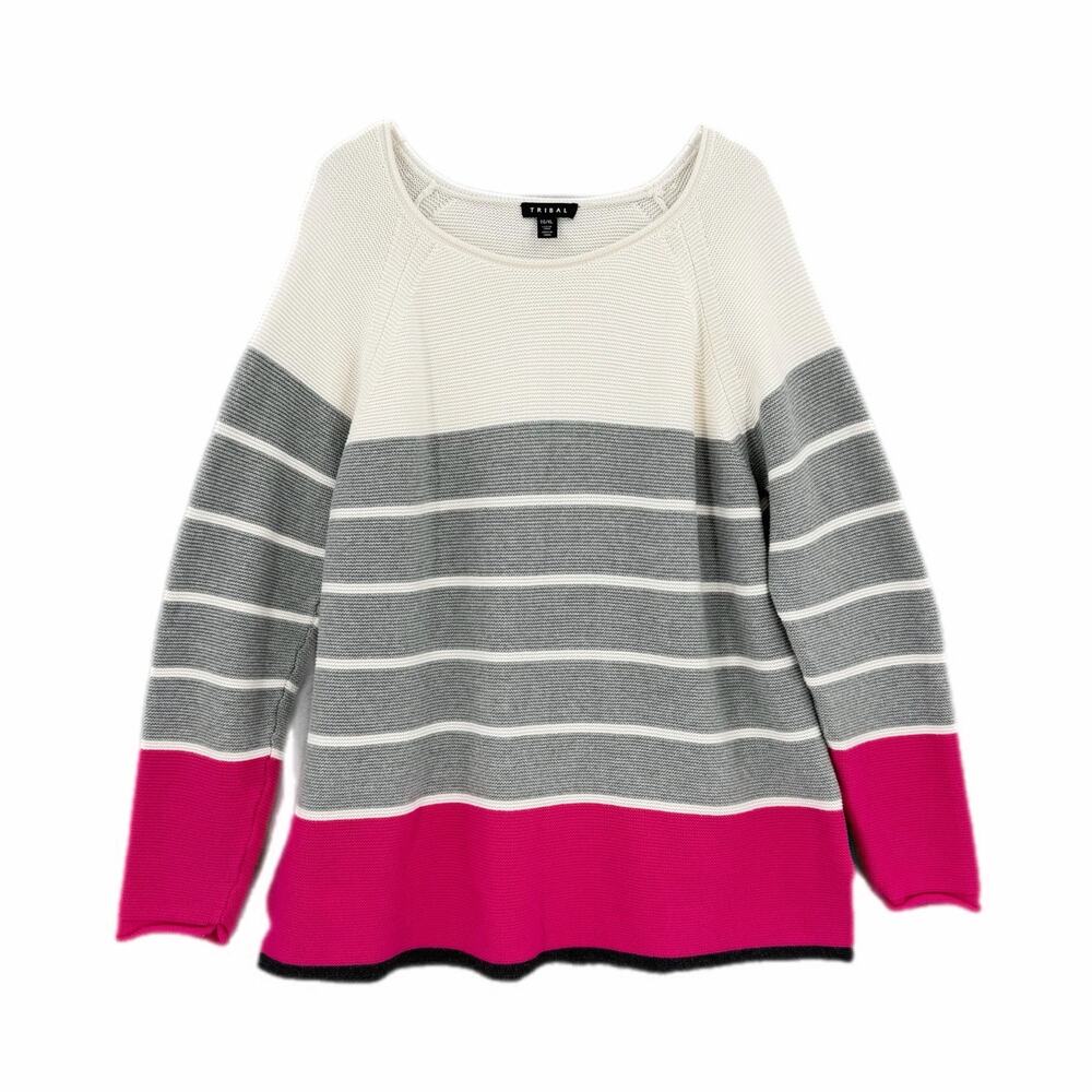 Tribal White Pink Gray Striped 100% Cotton Knit Fall Layering Chunky Sweater